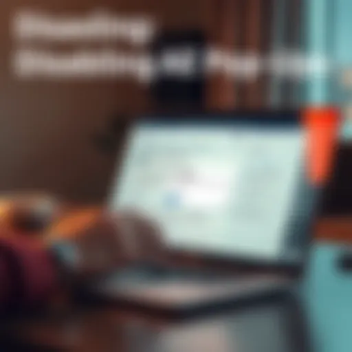 A person using a laptop, looking frustrated at pop-ups on the screen, with a focus on the settings menu open to disable notifications.