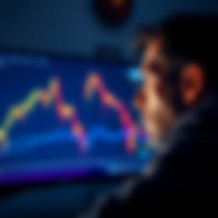 A person looks worried while staring at a Bitcoin price chart on a computer screen, showing a downward trend.