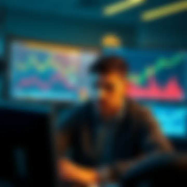 A trader stares at a computer screen displaying declining cryptocurrency charts, showing frustration over lost investments in Polygon and a longing for Bitcoin.