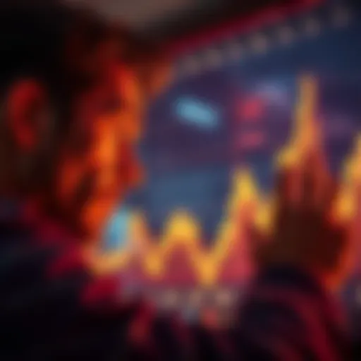 A person with a sad expression looking at a stock market chart showing a sharp peak, symbolizing regret after buying at high prices.