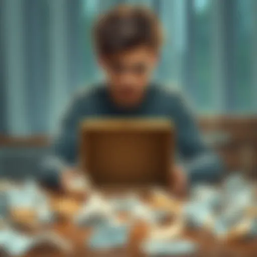 A disappointed person sitting at a table looking at an empty package box with a sad expression, surrounded by crumpled papers with entries for a legendary parcel, reflecting their anticipation and fru...