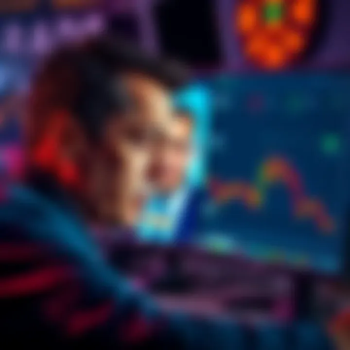 A frustrated crypto trader stares at a computer screen displaying declining cryptocurrency charts, with a picture of Matt Damon in the background, symbolizing his disappointment