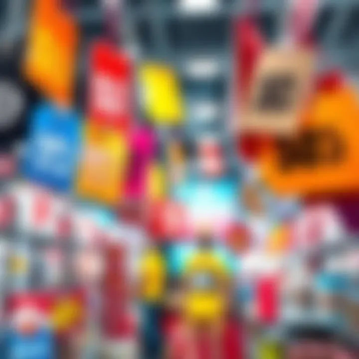 Colorful discount tags showing 50% off on various products in a store setting.