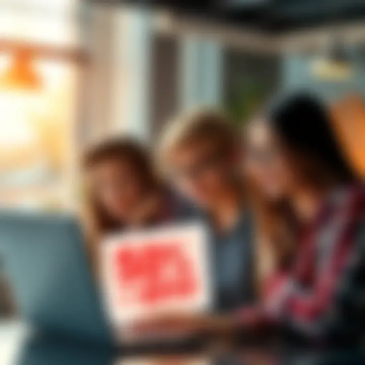 Discounted Premium Subscription Offer Young people looking at a laptop with a discount sign for premium subscriptions