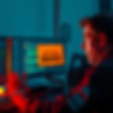 Discussion on Bans from Forums A person looking frustrated while reading messages on a computer screen, showing a warning sign about forum bans.