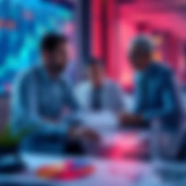 Three financial experts discussing the impacts of ETF adoption with charts and graphs on a table