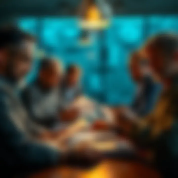 A group of people engaged in a serious discussion, analyzing documents and articles, trying to separate fact from fiction