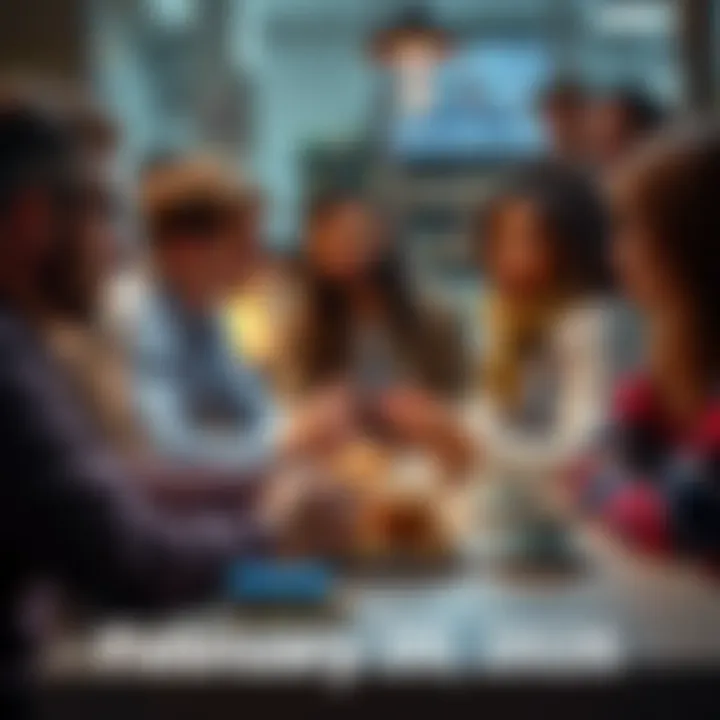 A group of people engaging in conversation with donuts and coffee on a table
