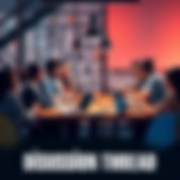 A group of diverse people engaging in a lively discussion around a table with laptops and notebooks