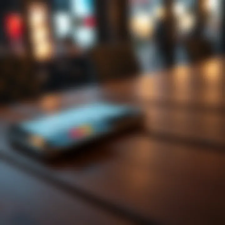 A close-up of a disposable payment card resting on a wooden table, with a smartphone nearby showing a payment app screen, symbolizing online shopping anonymity.