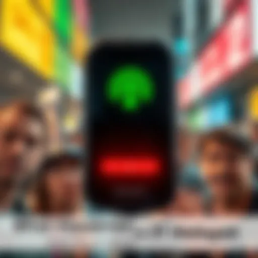 A close-up of an IoT hotspot device with a signal icon showing low connectivity, surrounded by frustrated people.