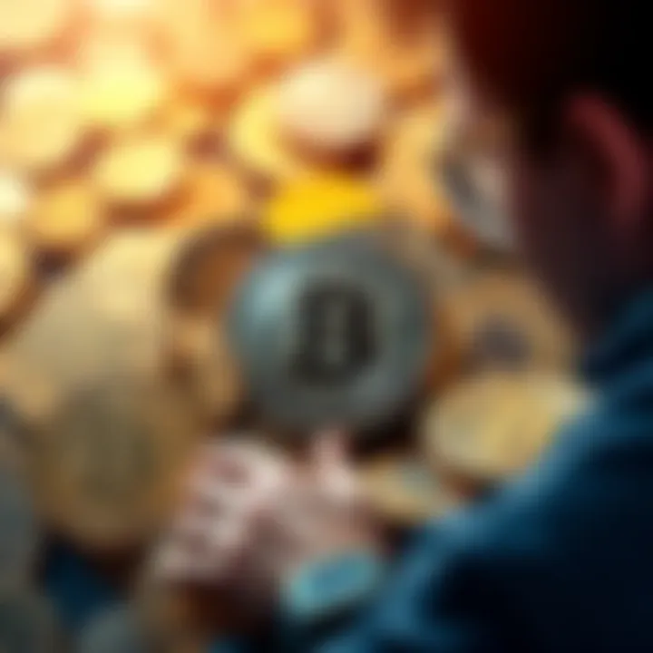 A collection of different cryptocurrency coins with a person analyzing them
