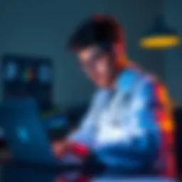 A newly graduated doctor looking at Bitcoin charts on a laptop, contemplating his investment strategy
