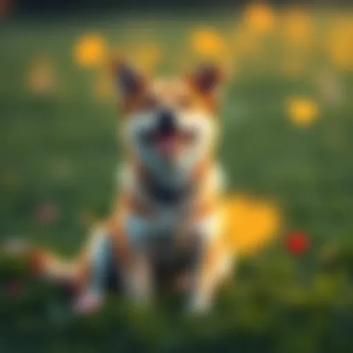 A happy dog sitting on grass with a heart symbol nearby, representing love for dogs.