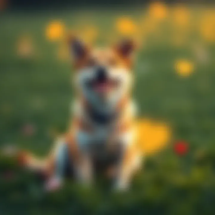 A happy dog sitting on grass with a heart symbol nearby, representing love for dogs.