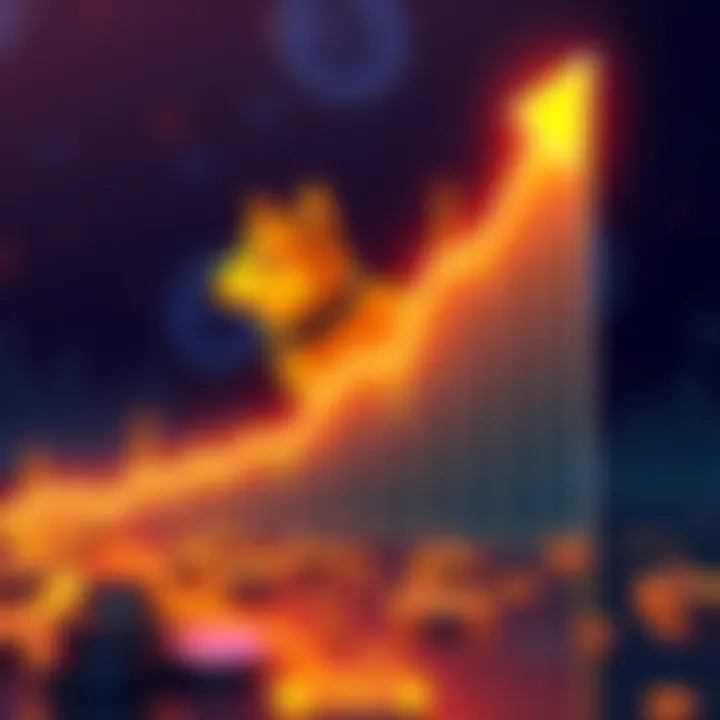 Chart showing DOGE's price movement towards $1 with an upward trend and crypto symbols in the background