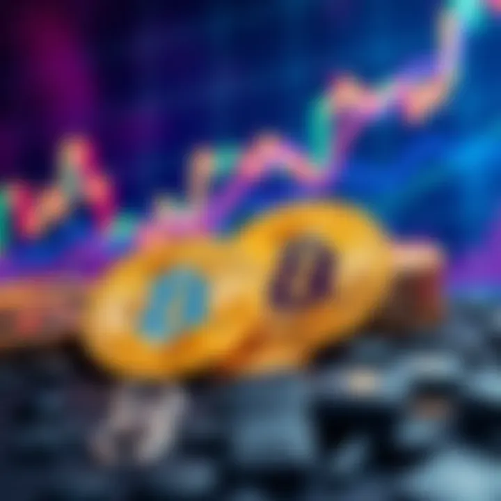 Doge and Bitcoin coins with an upward trend chart in the background