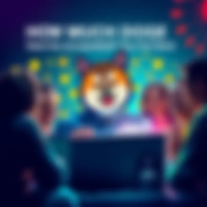 A person looking at a chart showing Doge coin growth, surrounded by happy friends discussing cryptocurrency