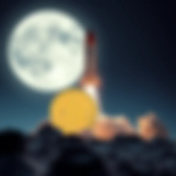 A visual of DOGE coin in front of a rocket taking off towards the moon, symbolizing hopes for a successful moon mission.