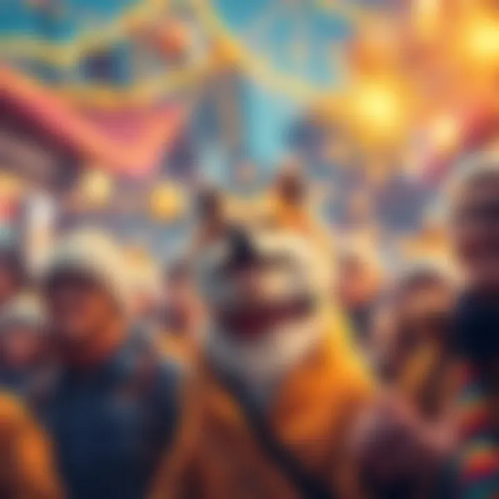 People in the Doge community celebrating the New Year with joy and unity, featuring festive decorations and smiles.