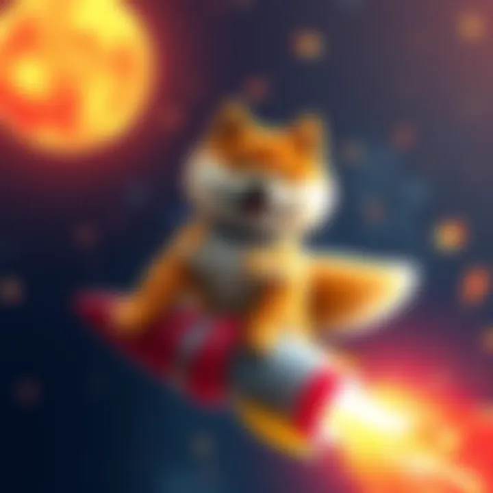 Doge Cryptocurrency Growth A Shiba Inu dog representing Doge cryptocurrency standing on a rocket, symbolizing potential growth and excitement in the crypto market.