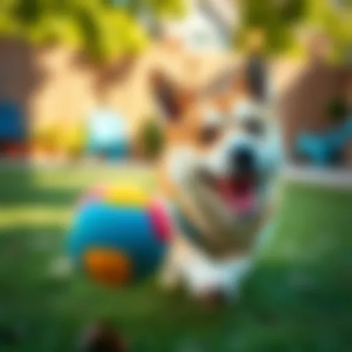 A playful Doge Dog with a bright smile, chasing a colorful ball in a sunny backyard.