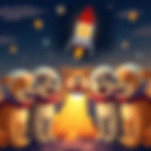 A group of cartoon dogs wearing space helmets, excitedly looking at a rocket with the Doge logo, symbolizing a new launch in cryptocurrency.