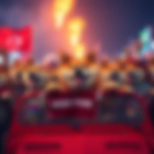 A group of cheerful Doge fans celebrating together, holding banners and wearing themed outfits, ready for a fun journey.