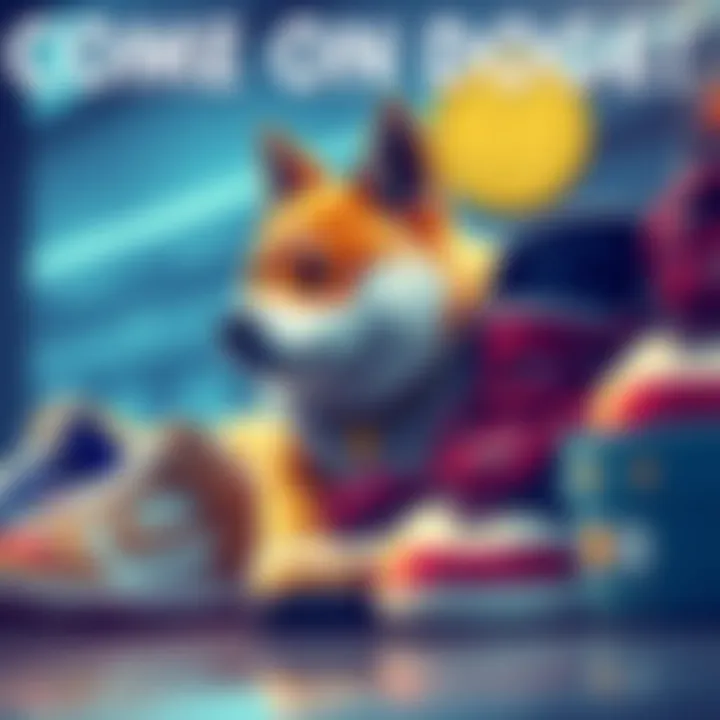 A graphic showing Doge cryptocurrency next to various stylish sneakers, representing funding footwear dreams with digital currency.