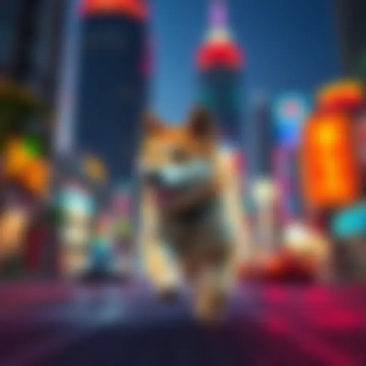 Doge character runs through a vibrant cityscape in GTA 6, showcasing colorful graphics and action-packed moments.