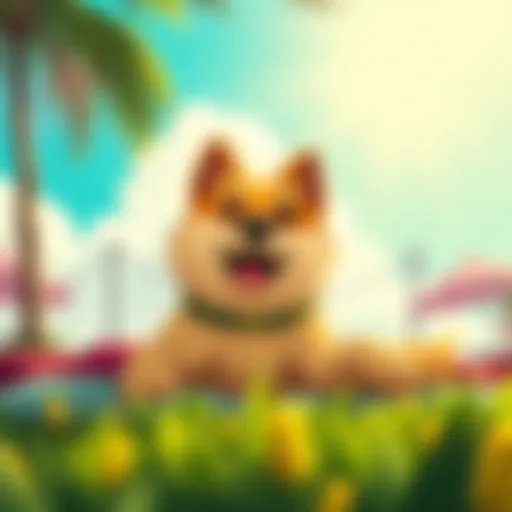A cartoon dog with a happy expression relaxing under a sunny sky, symbolizing Dogecoin's pause in the market.
