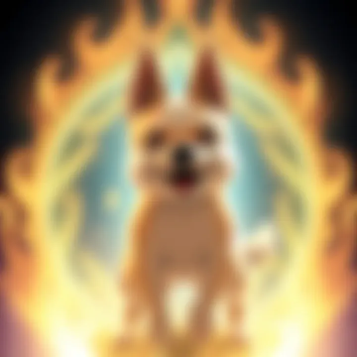 A cartoon dog, resembling Doge, surrounded by a glowing aura representing Mastered Ultra Instinct, with a playful expression.