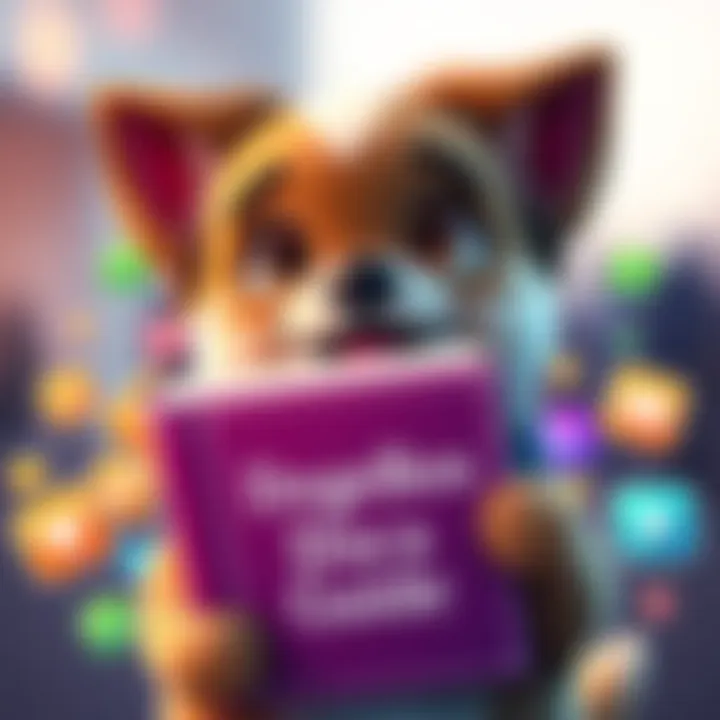 A friendly dog character holding a book titled 'DogeBox Guide' with colorful app icons around it