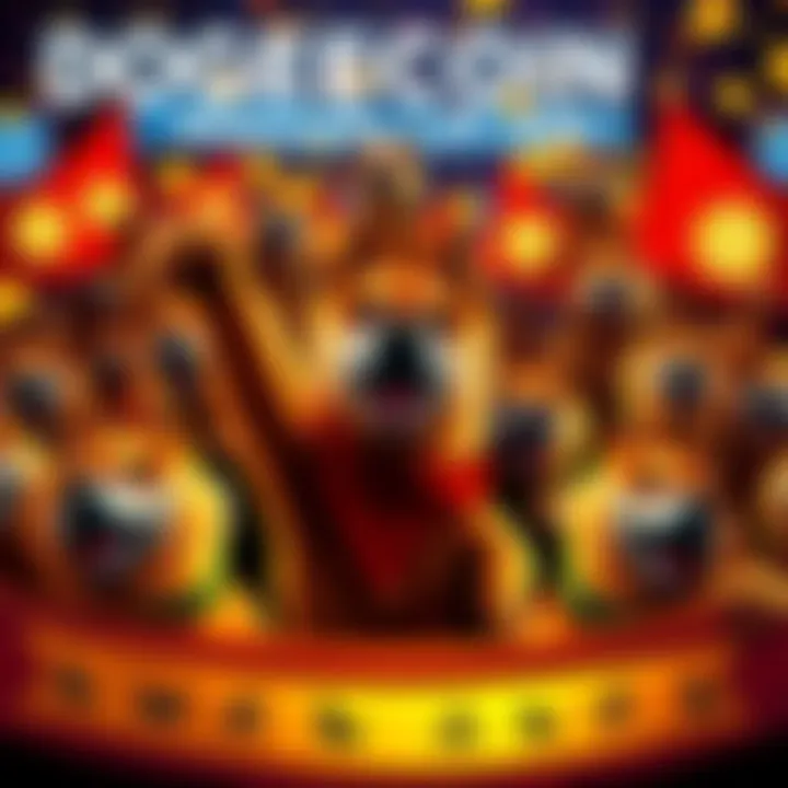 A vibrant gathering of Dogecoin fans celebrating their hopes for a price surge in 2026, with banners and Dogecoin symbols around them.