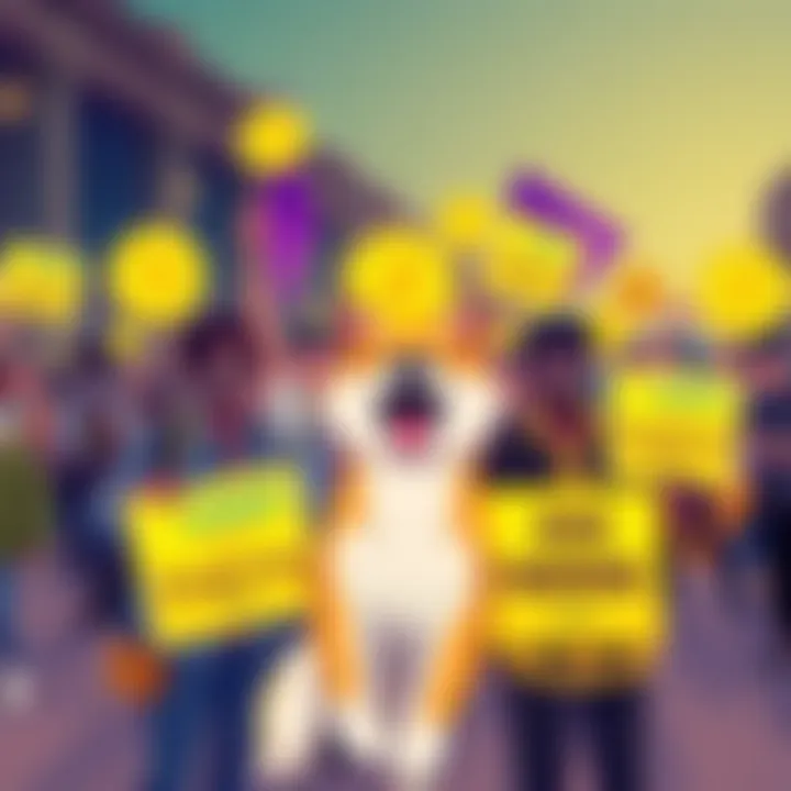 Dogecoin Community Gathering A colorful illustration of a group of cheerful Dogecoin supporters gathered, holding Dogecoin signs and a Shiba Inu dog, celebrating updates and news together.