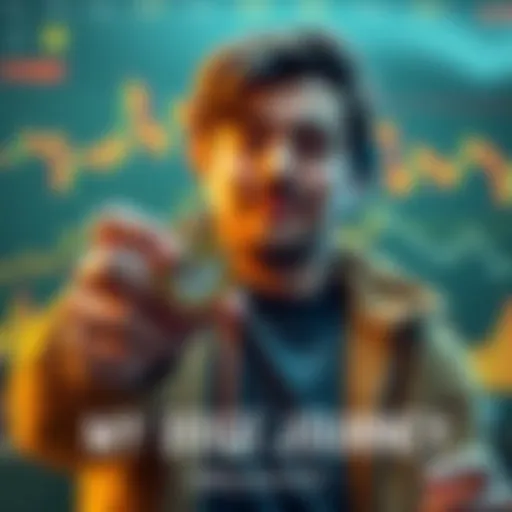 A person holding Dogecoin coins, reflecting on their cryptocurrency experience since 2019, with a background showing market charts and trends.