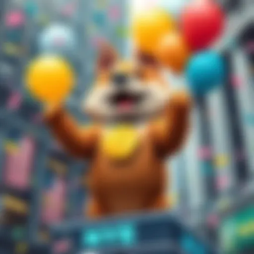Dogecoin mascot celebrating the cryptocurrency's launch on the New York Stock Exchange with balloons and confetti