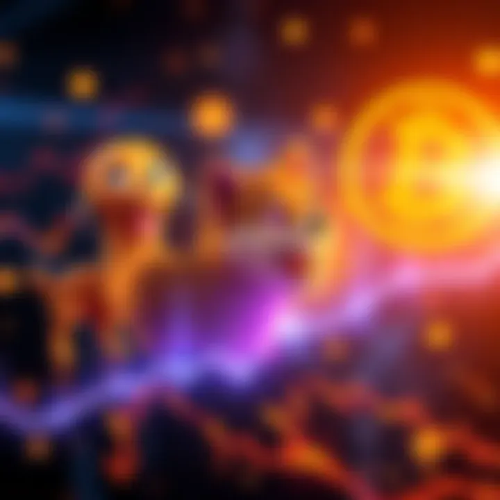 A graphic showing the rising value of Dogecoin with a dog mascot and cryptocurrency symbols in the background