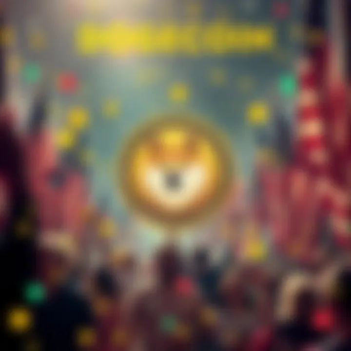 A festive scene featuring Dogecoin symbols and American flags, symbolizing unity and inclusion, with people celebrating together.