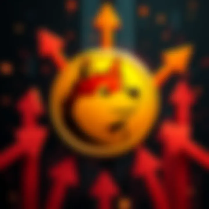 A Dogecoin symbol surrounded by upward arrows, showing positive market sentiment and growth potential.