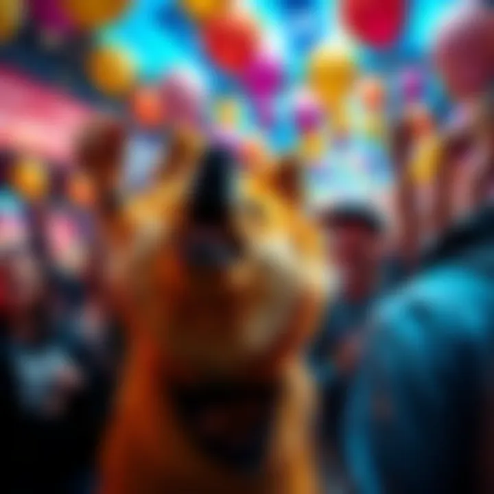 People celebrating as Dogecoin reaches $1, showing excitement in a colorful atmosphere with balloons and banners.