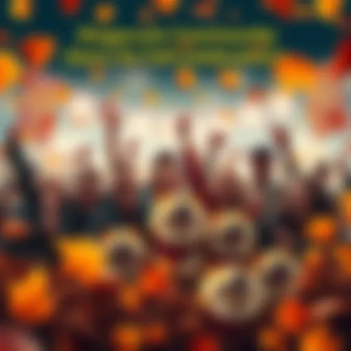 A group of Dogecoin supporters celebrating together with joyful expressions, surrounded by autumn leaves and Dogecoin banners, conveying a spirit of excitement for the upcoming season.