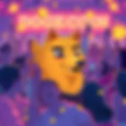 A vibrant illustration of Dogecoin mascot surrounded by happy people sharing memes and celebrating in a lively atmosphere.