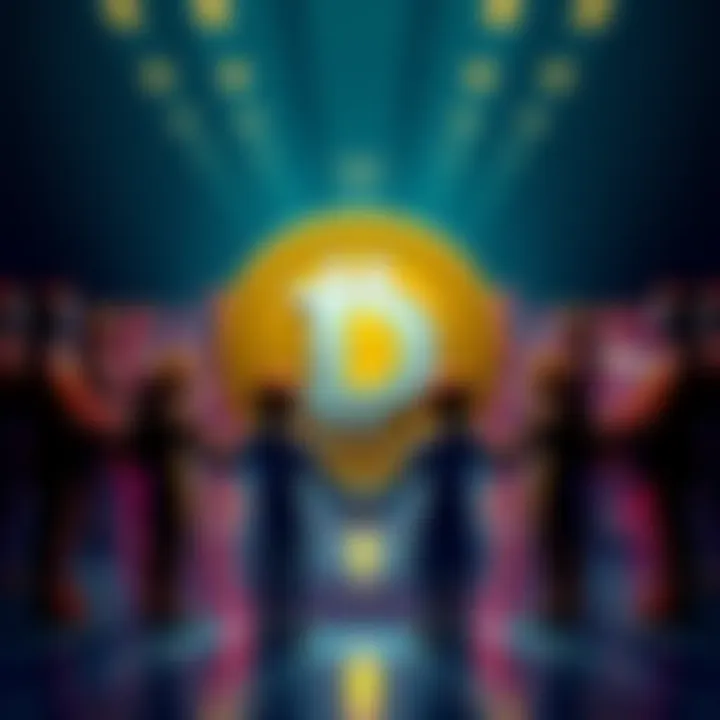 A Dogecoin logo surrounded by people holding hands, representing community support and connection in the cryptocurrency world