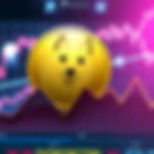 A Dogecoin logo alongside a chart showing a downward trend, symbolizing its decline in value and popularity over time.