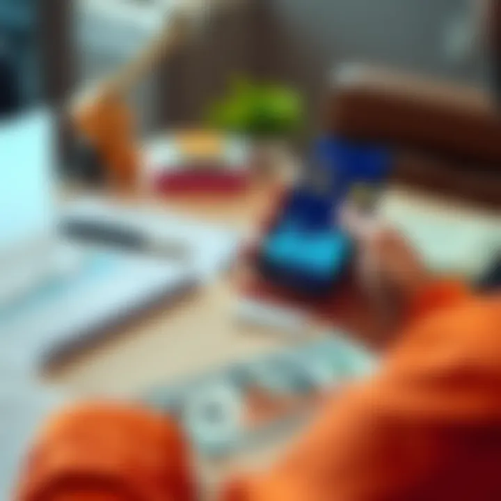 A person holding a smartphone displaying Dogecoin chart with cash and loan documents on the table