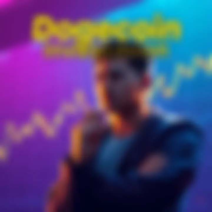 A person pondering whether to hold or sell Dogecoin, with a chart showing fluctuations in cryptocurrency value