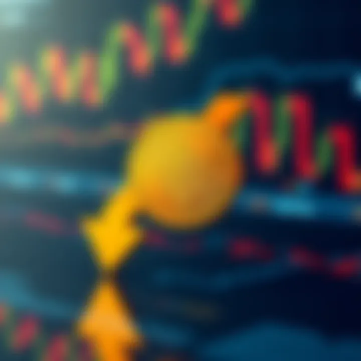 A graphic showing the Dogecoin symbol alongside a downward arrow indicating a rate cut, with a background of a fluctuating cryptocurrency graph.