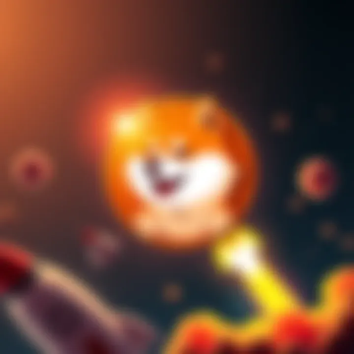 A bright Dogecoin logo featuring a Shiba Inu dog, surrounded by rocket graphics to symbolize growth and excitement in 2025.