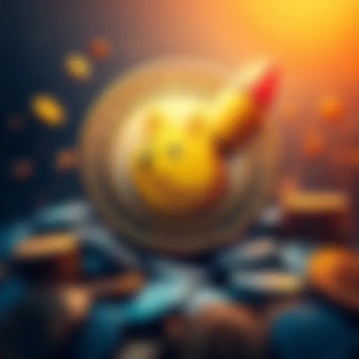 A Dogecoin emblem surrounded by a rocket and coins, symbolizing its rise in cryptocurrency market.